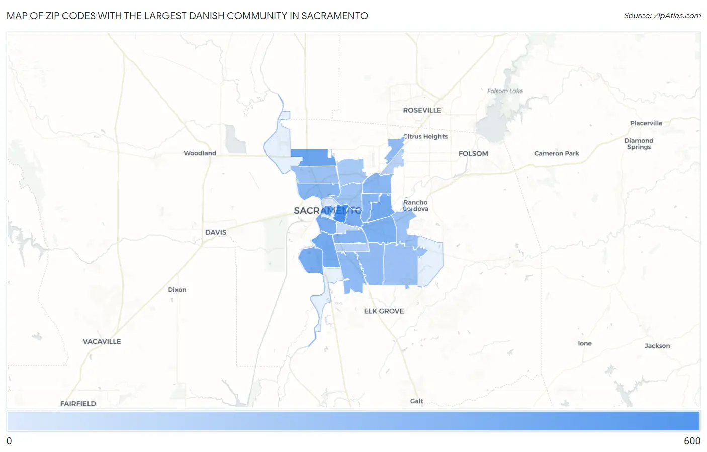 Zip Codes with the Largest Danish Community in Sacramento Map