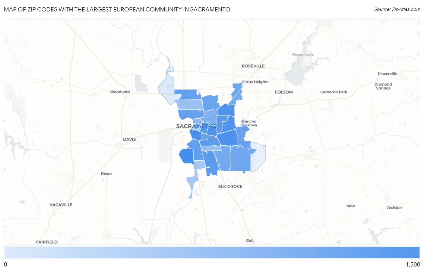 Zip Codes with the Largest European Community in Sacramento Map