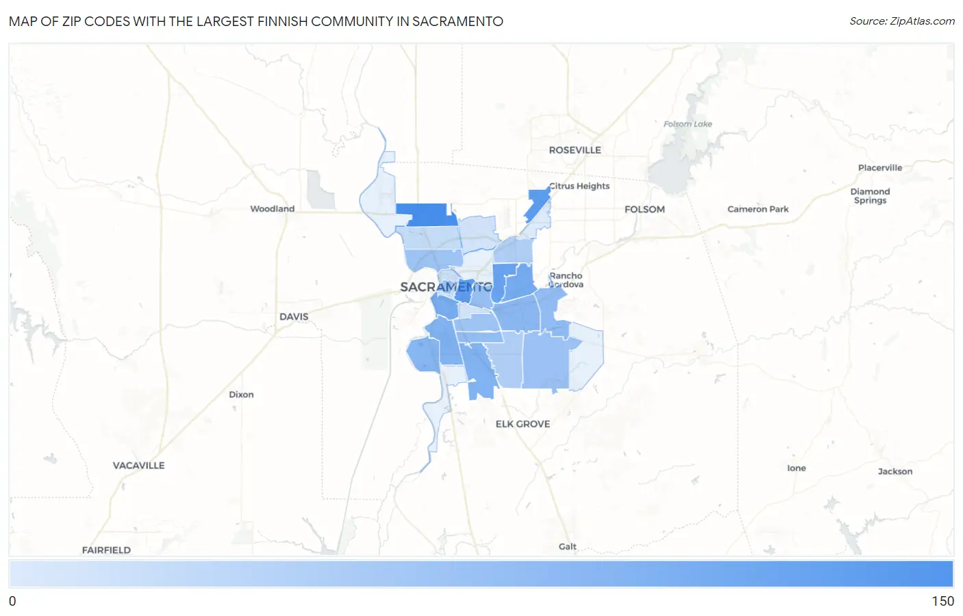Zip Codes with the Largest Finnish Community in Sacramento Map