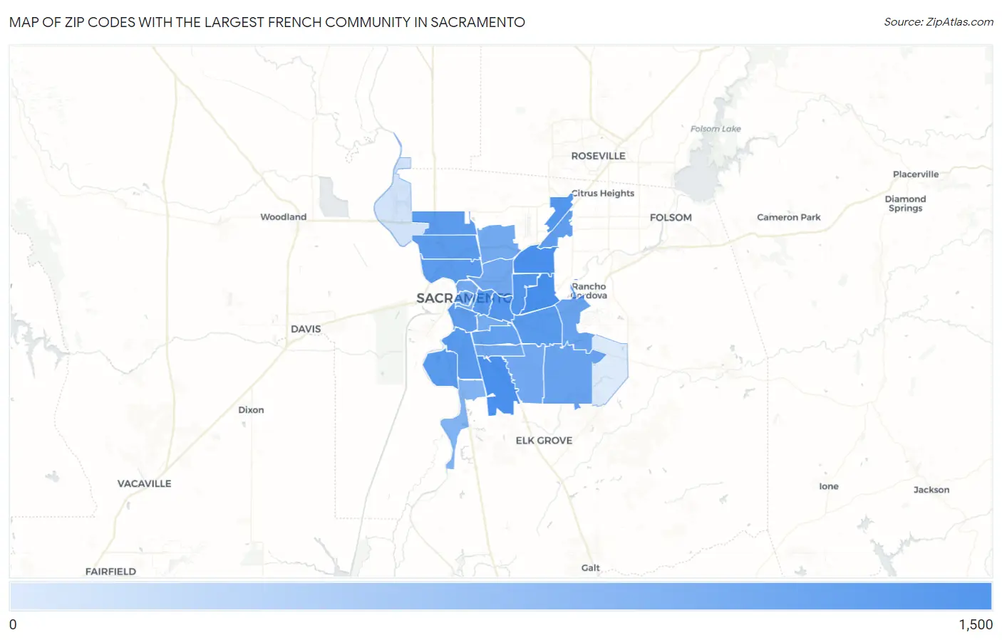 Zip Codes with the Largest French Community in Sacramento Map