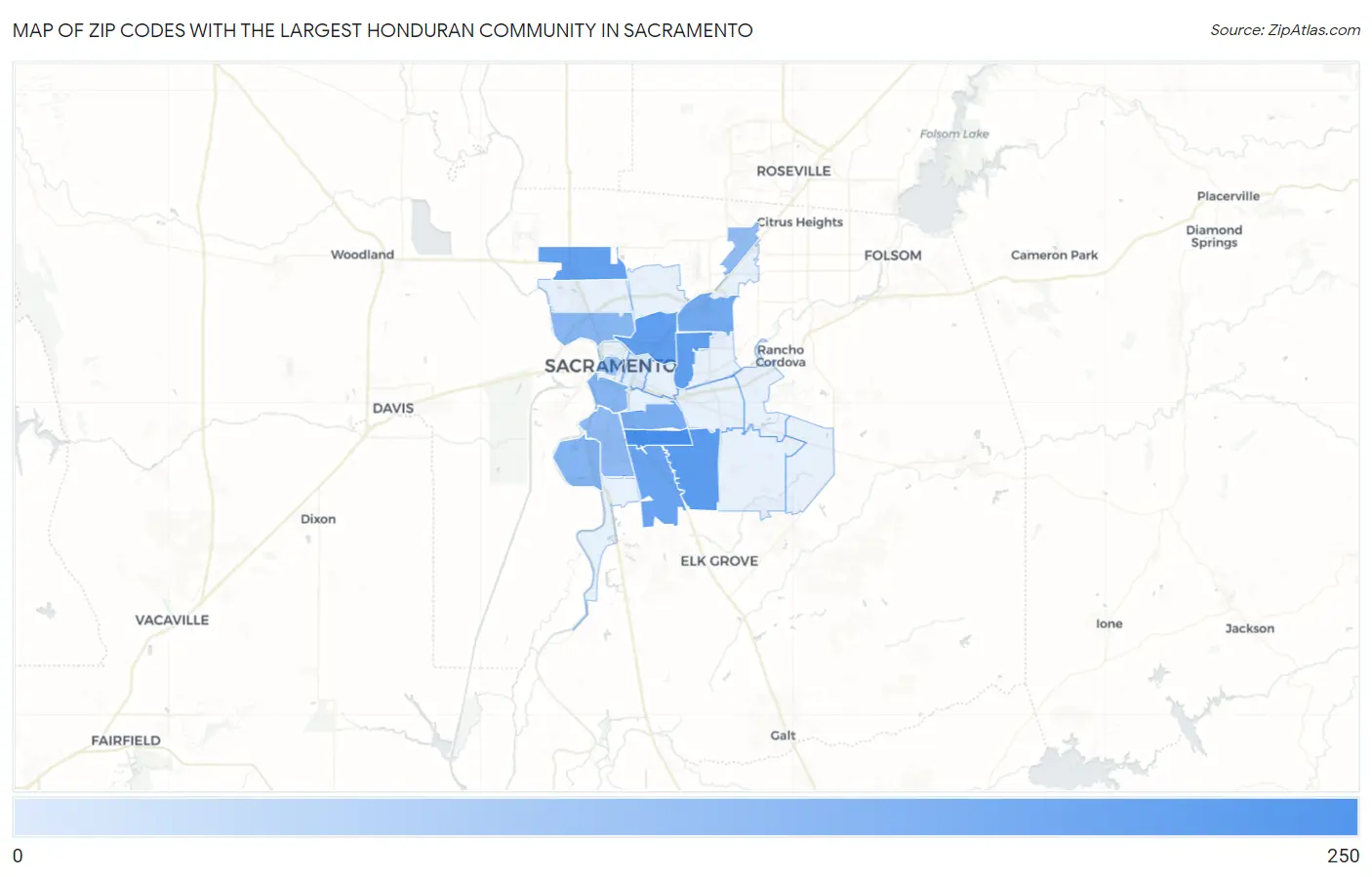 Zip Codes with the Largest Honduran Community in Sacramento Map