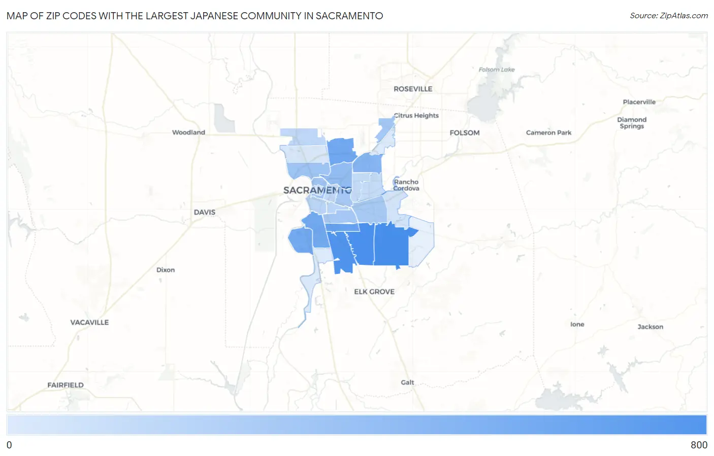 Zip Codes with the Largest Japanese Community in Sacramento Map