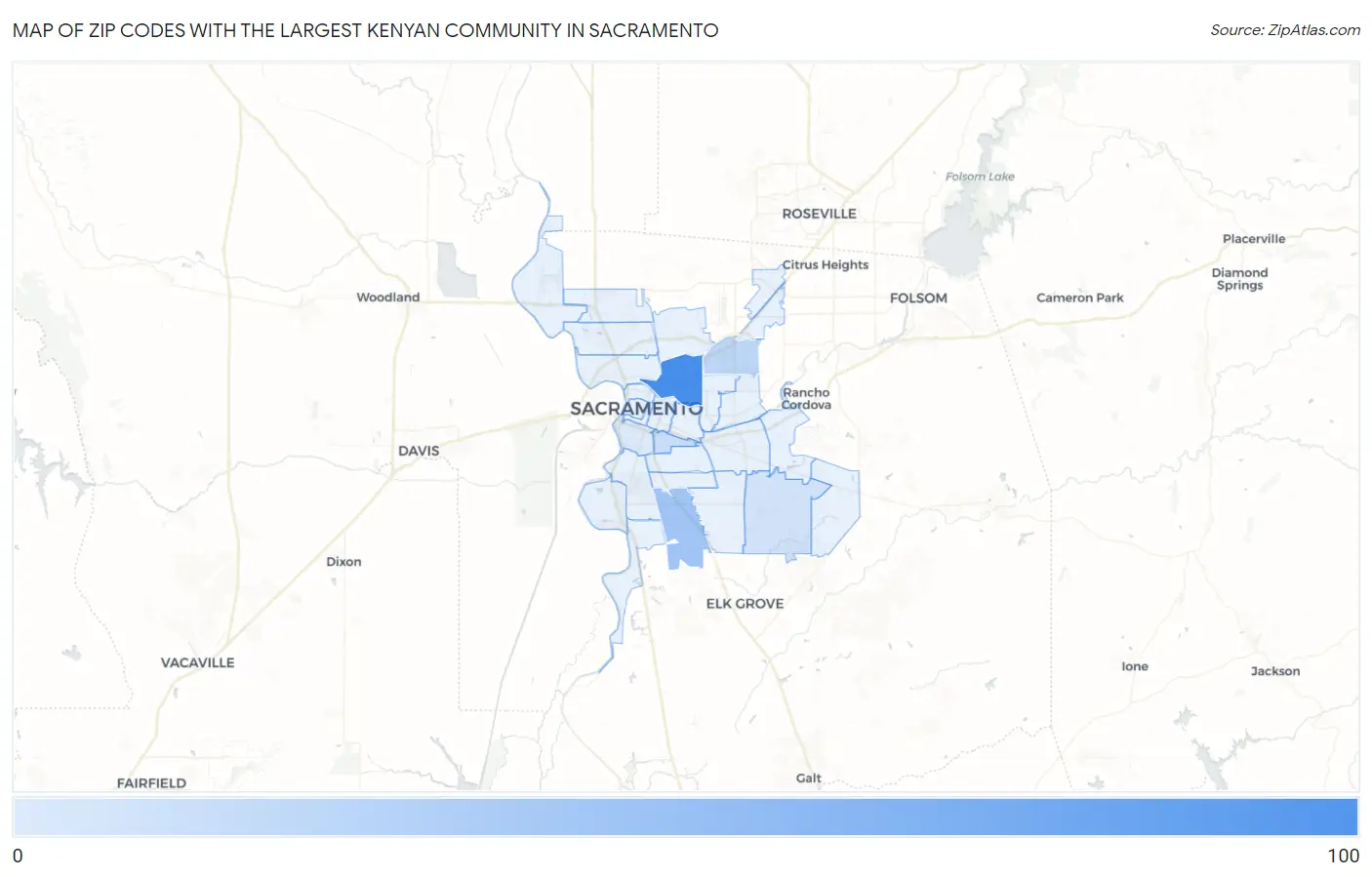 Zip Codes with the Largest Kenyan Community in Sacramento Map