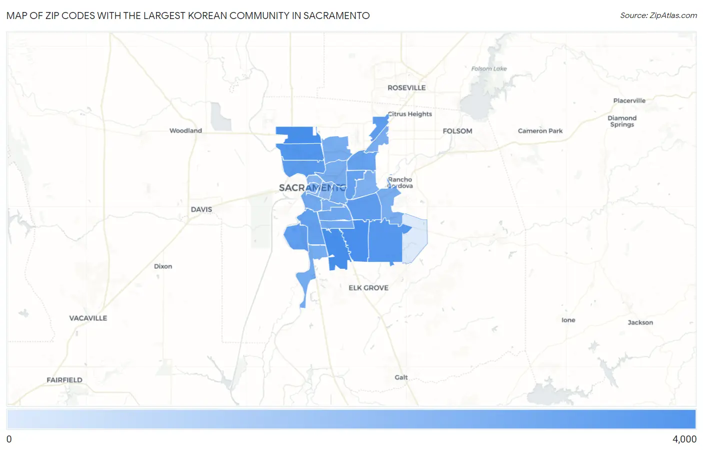 Zip Codes with the Largest Korean Community in Sacramento Map