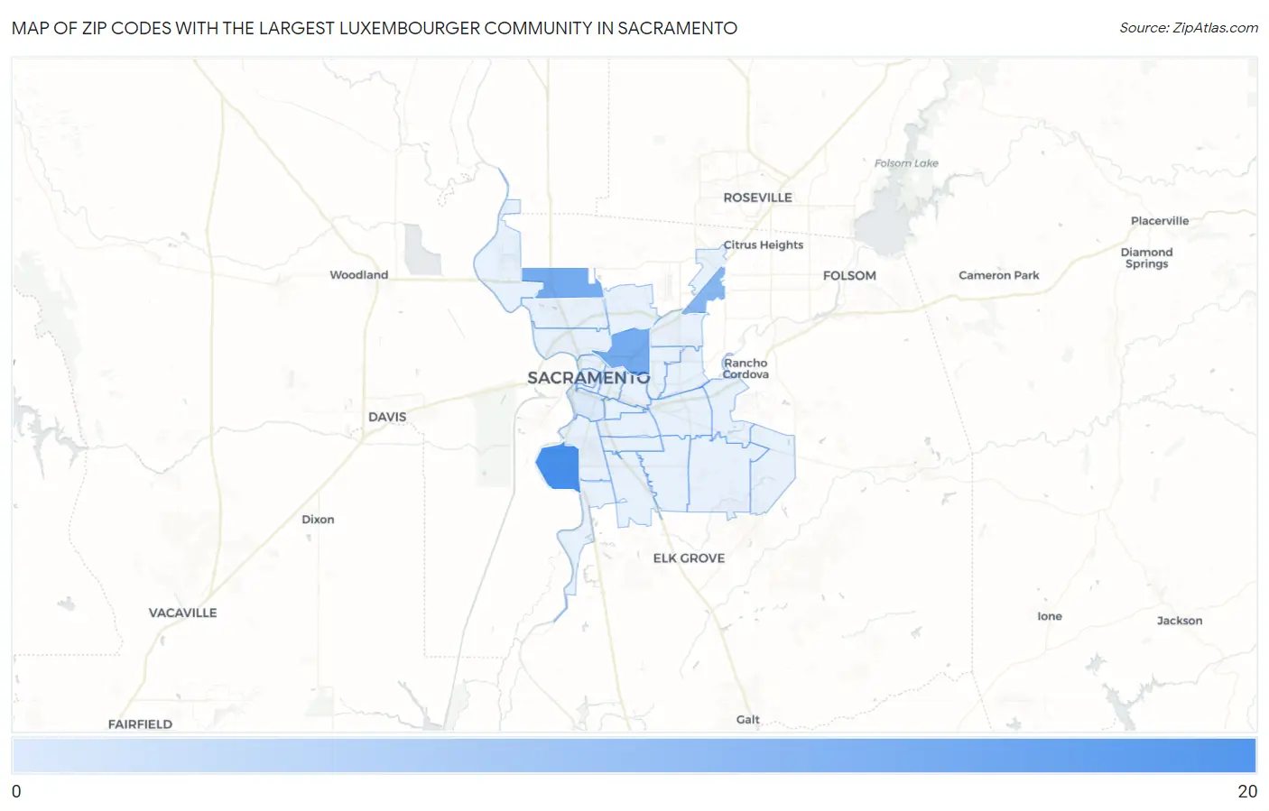 Zip Codes with the Largest Luxembourger Community in Sacramento Map