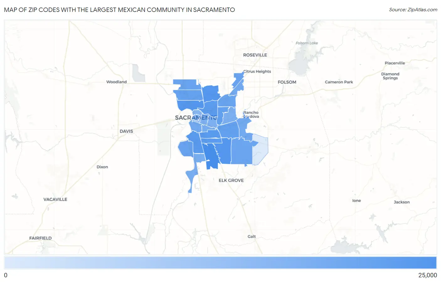 Zip Codes with the Largest Mexican Community in Sacramento Map