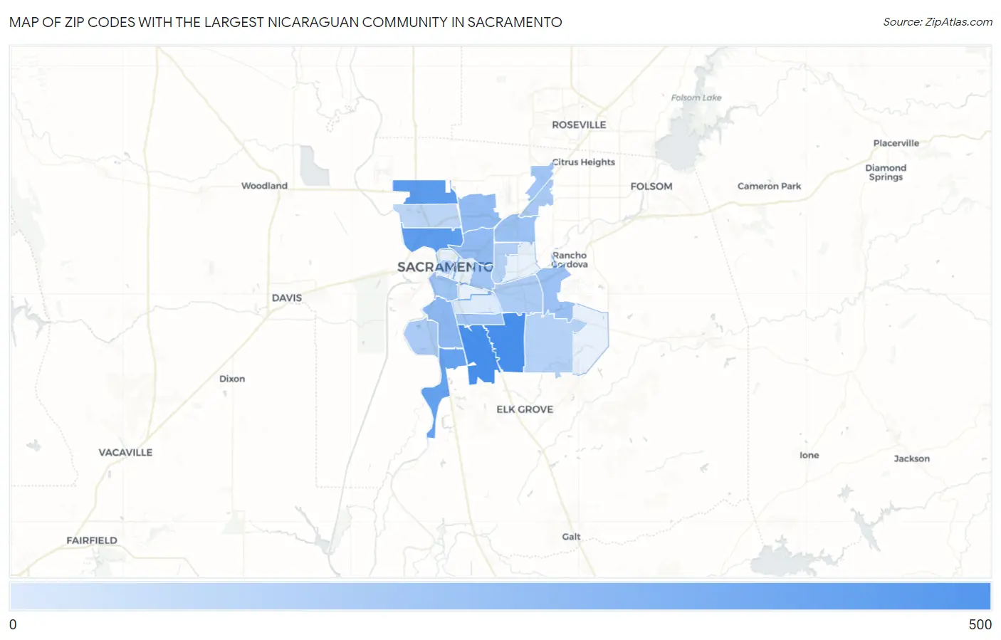 Zip Codes with the Largest Nicaraguan Community in Sacramento Map