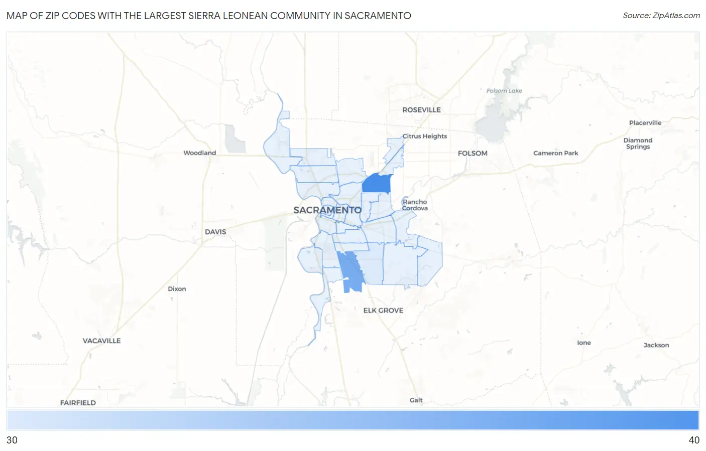Zip Codes with the Largest Sierra Leonean Community in Sacramento Map