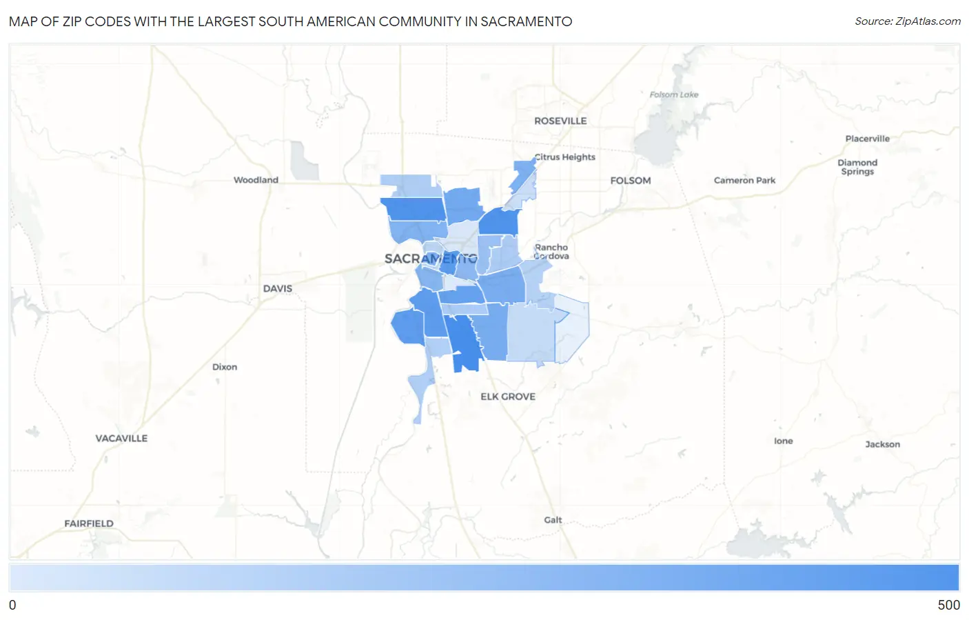 Zip Codes with the Largest South American Community in Sacramento Map