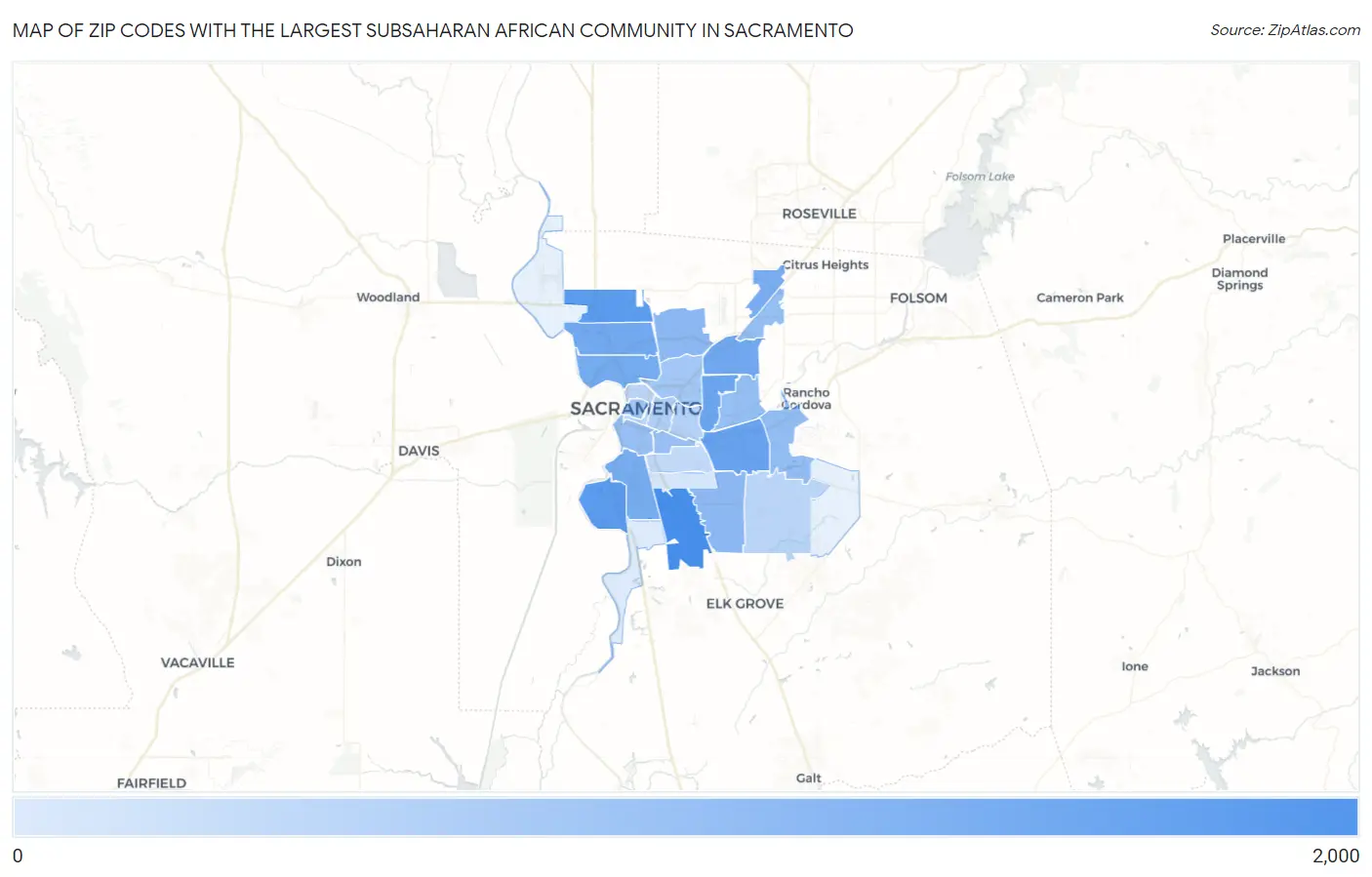 Zip Codes with the Largest Subsaharan African Community in Sacramento Map