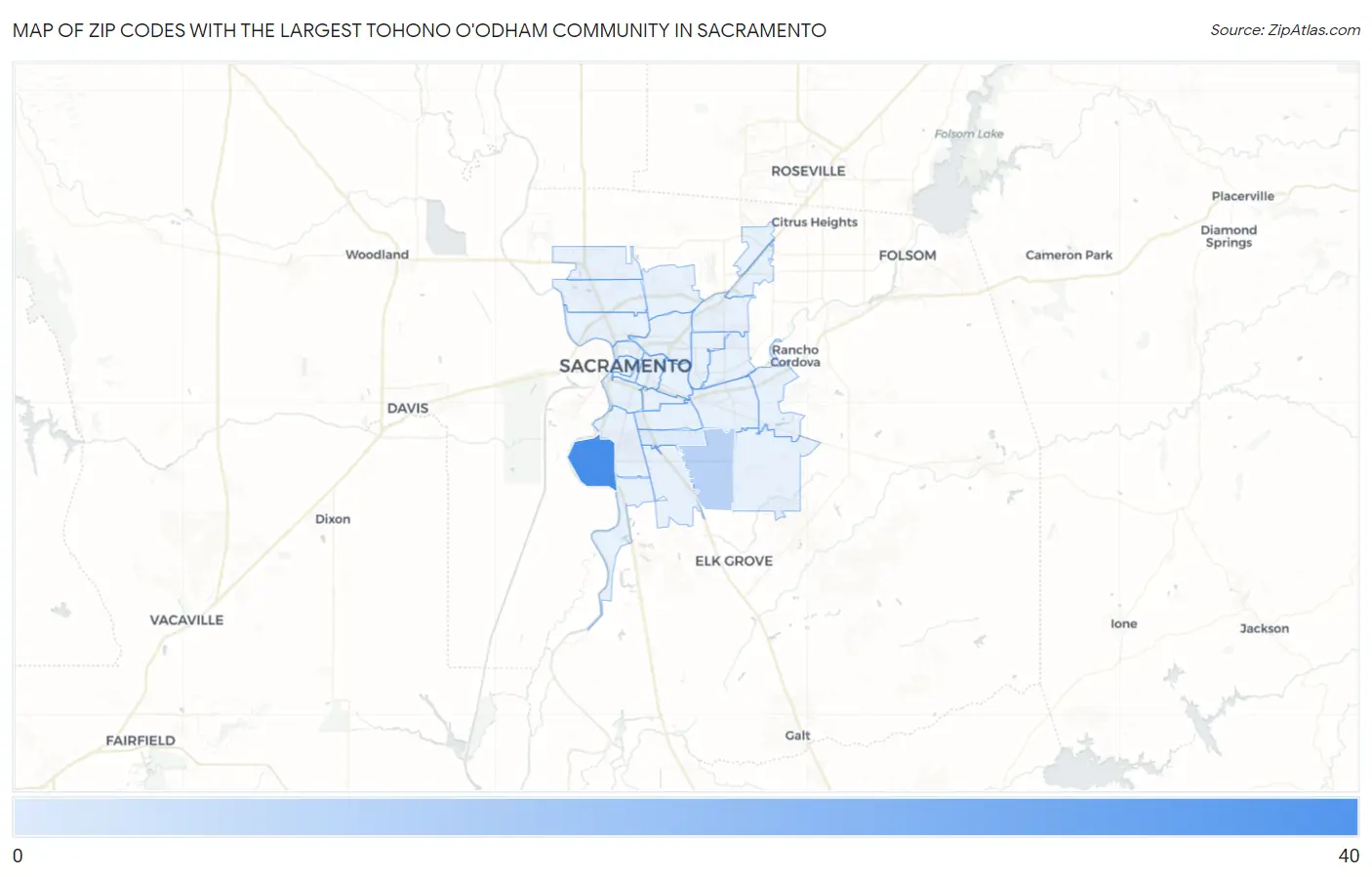 Zip Codes with the Largest Tohono O'Odham Community in Sacramento Map