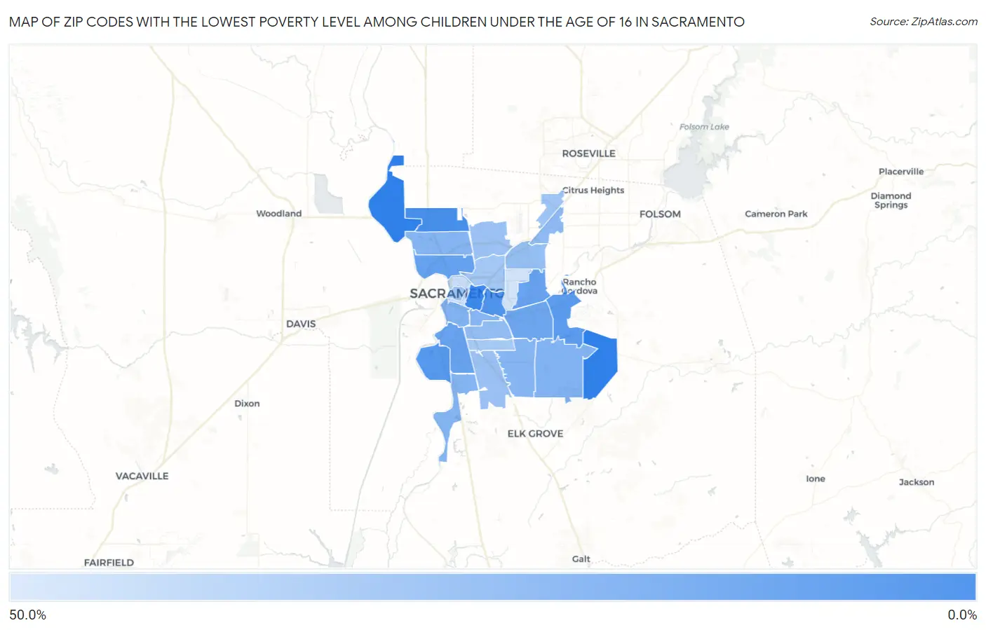 Zip Codes with the Lowest Poverty Level Among Children Under the Age of 16 in Sacramento Map