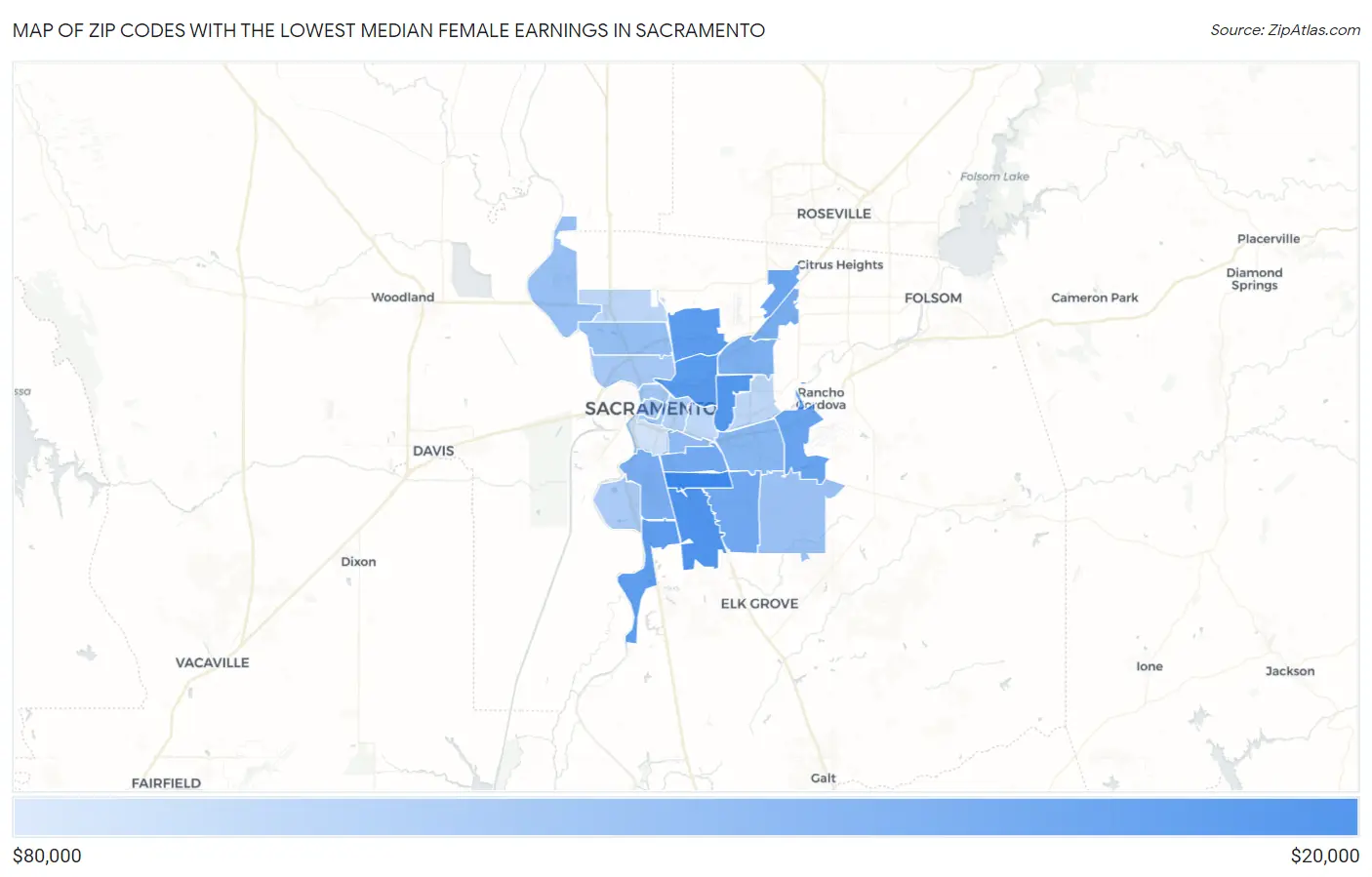 Zip Codes with the Lowest Median Female Earnings in Sacramento Map