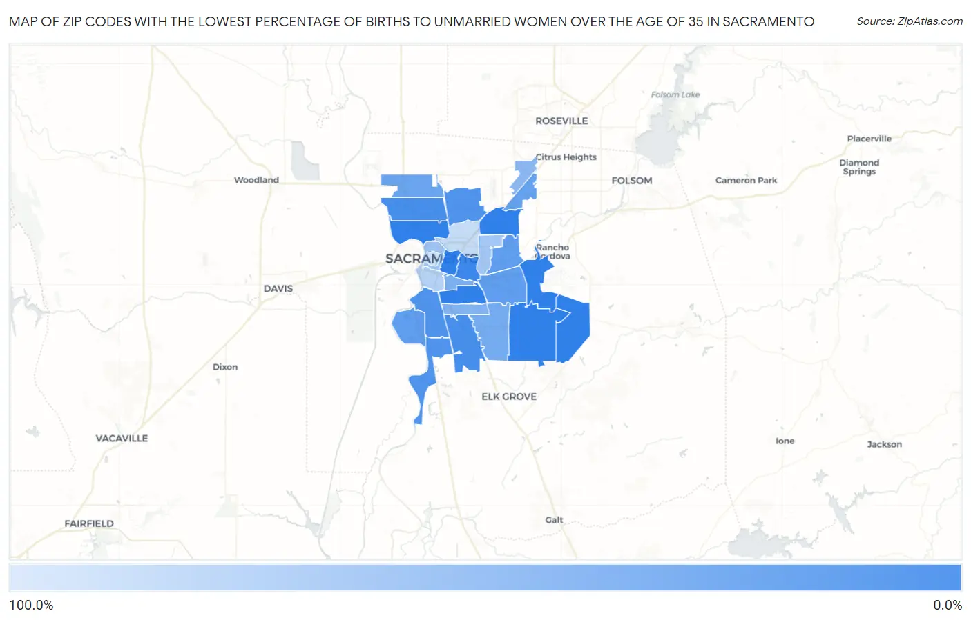 Zip Codes with the Lowest Percentage of Births to Unmarried Women over the Age of 35 in Sacramento Map