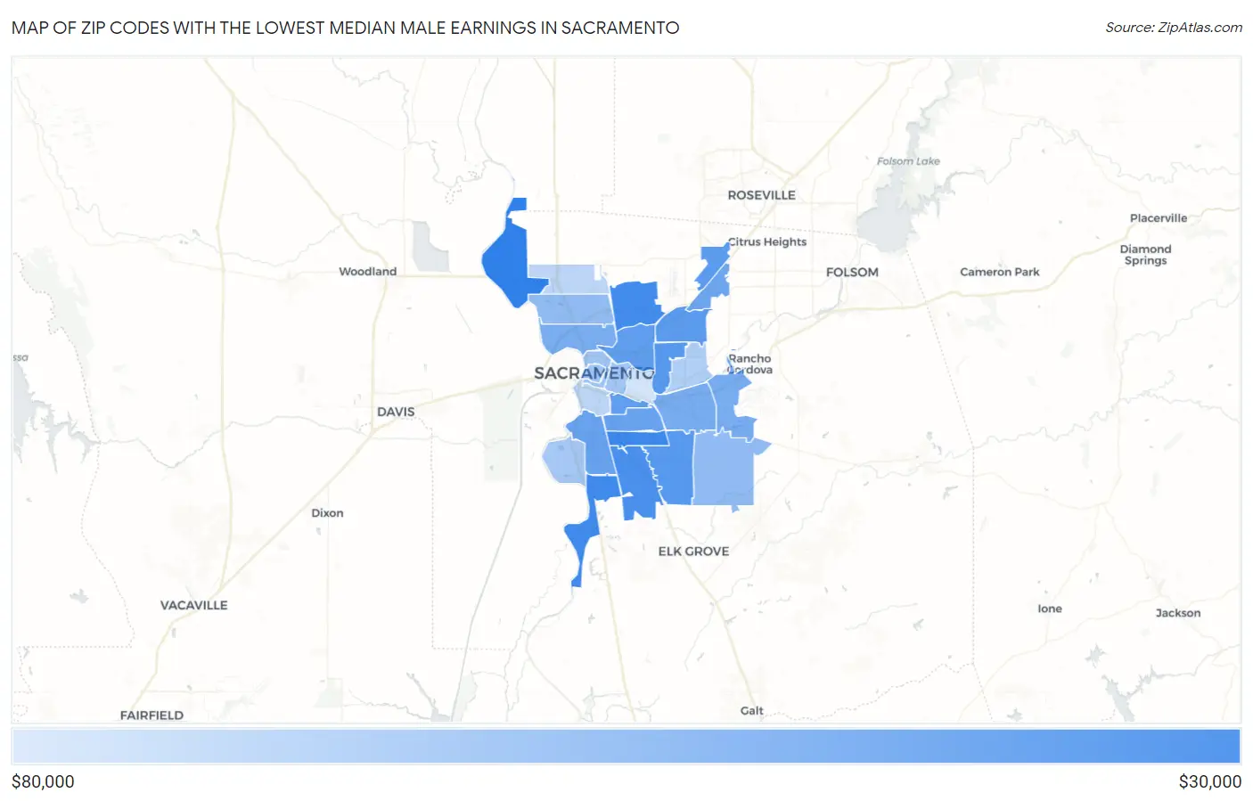 Zip Codes with the Lowest Median Male Earnings in Sacramento Map