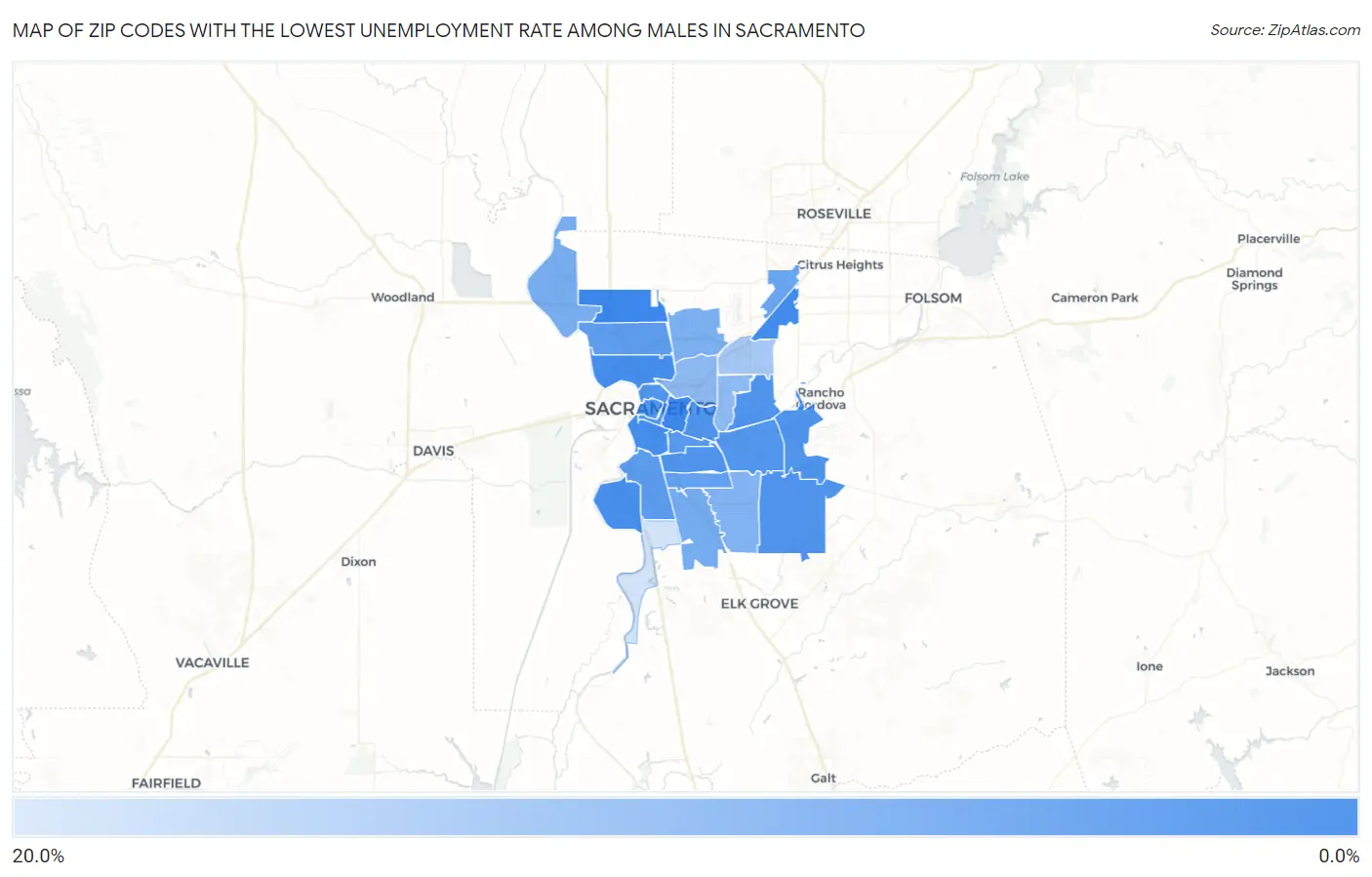 Zip Codes with the Lowest Unemployment Rate Among Males in Sacramento Map