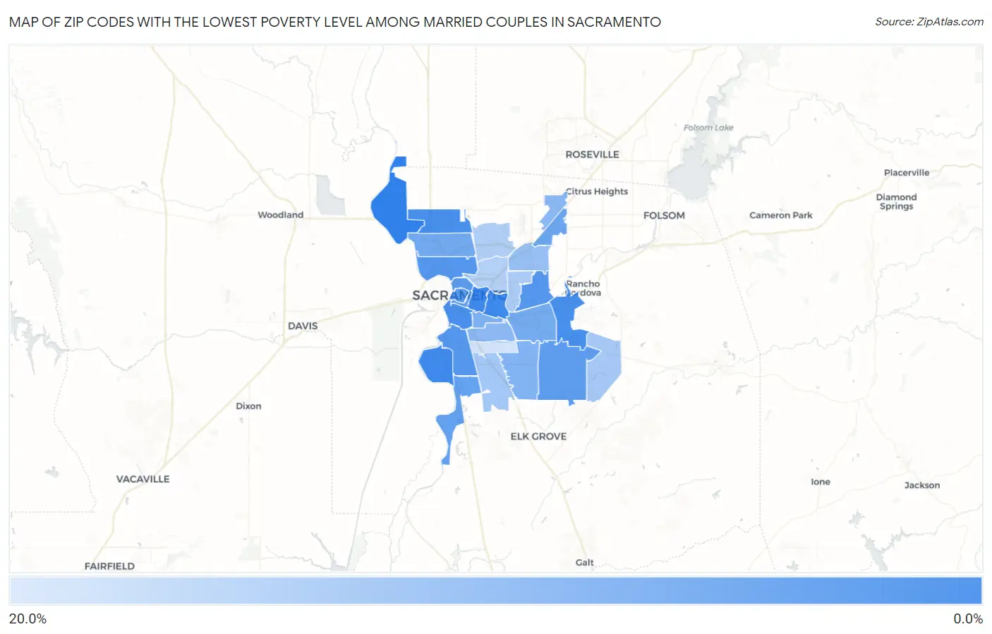 Zip Codes with the Lowest Poverty Level Among Married Couples in Sacramento Map
