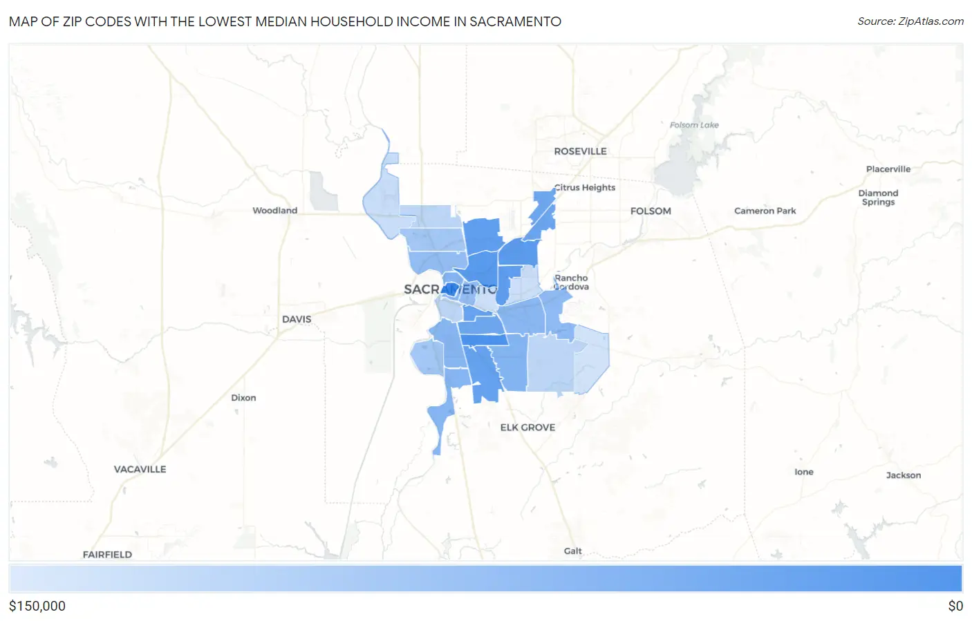 Zip Codes with the Lowest Median Household Income in Sacramento Map