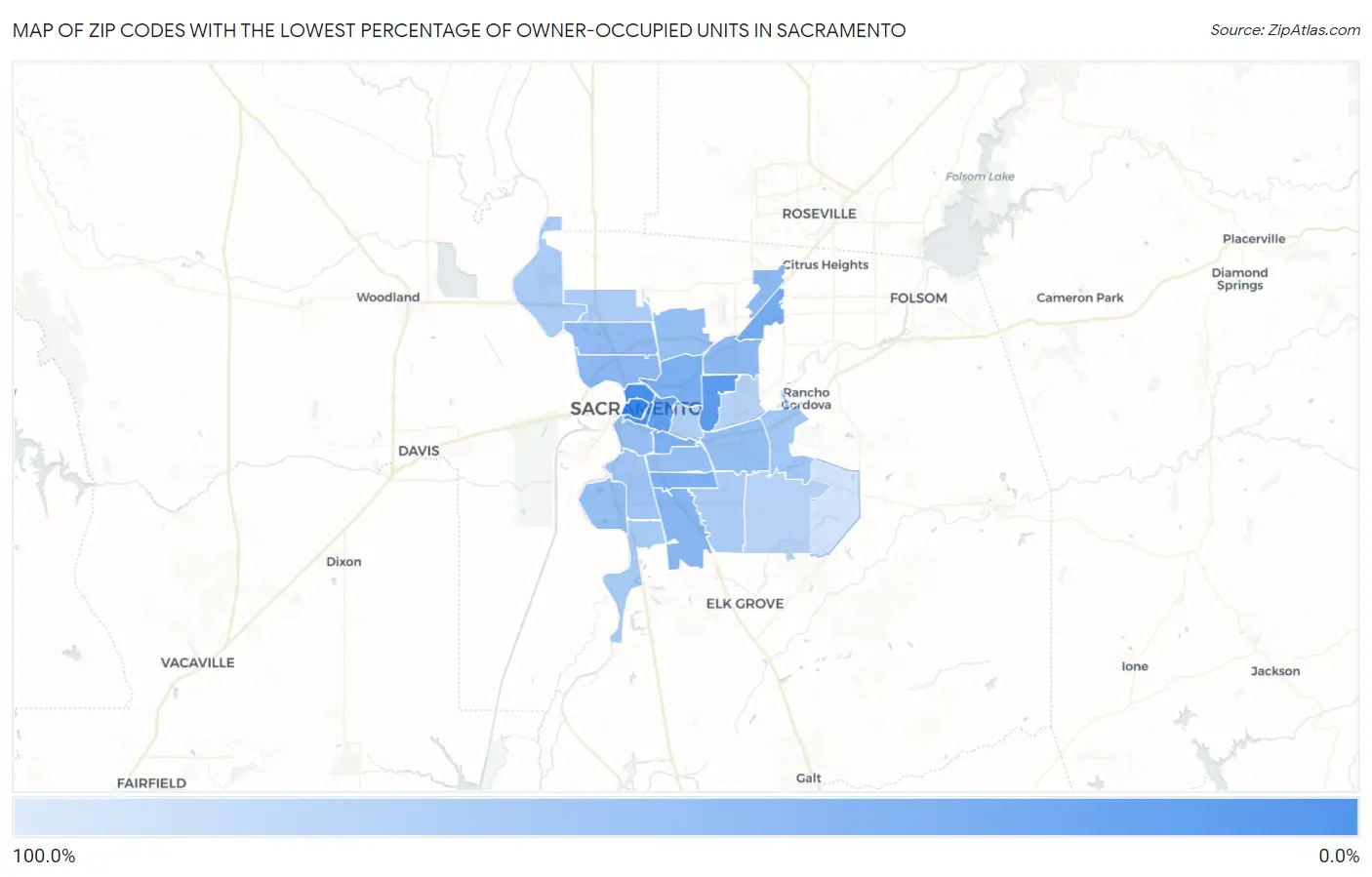 Zip Codes with the Lowest Percentage of Owner-Occupied Units in Sacramento Map
