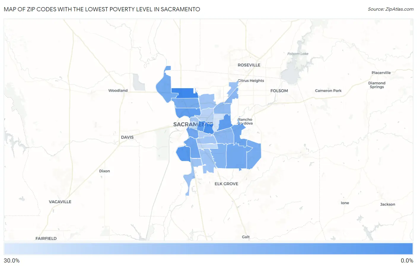 Zip Codes with the Lowest Poverty Level in Sacramento Map