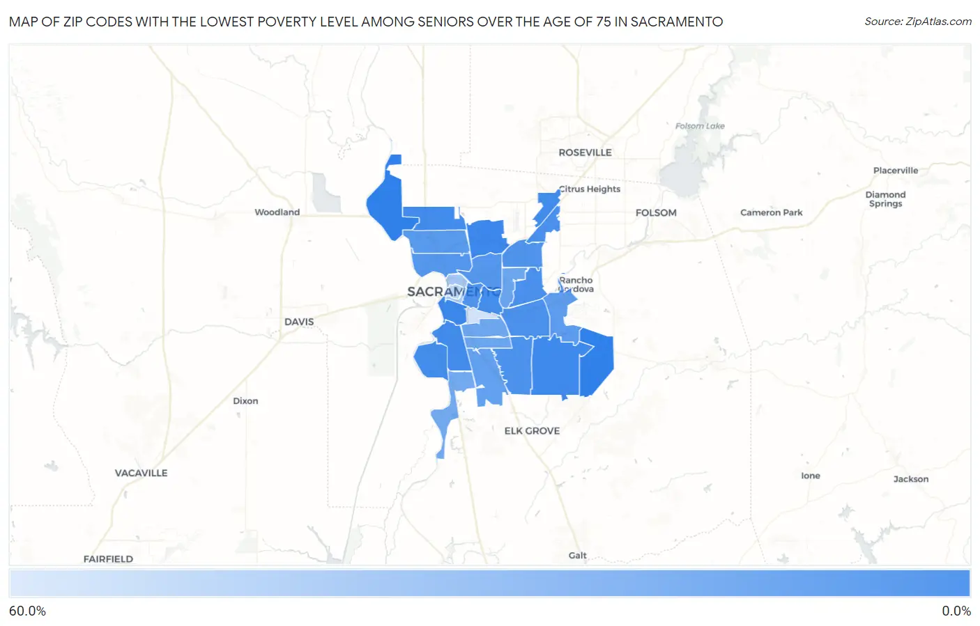 Zip Codes with the Lowest Poverty Level Among Seniors Over the Age of 75 in Sacramento Map