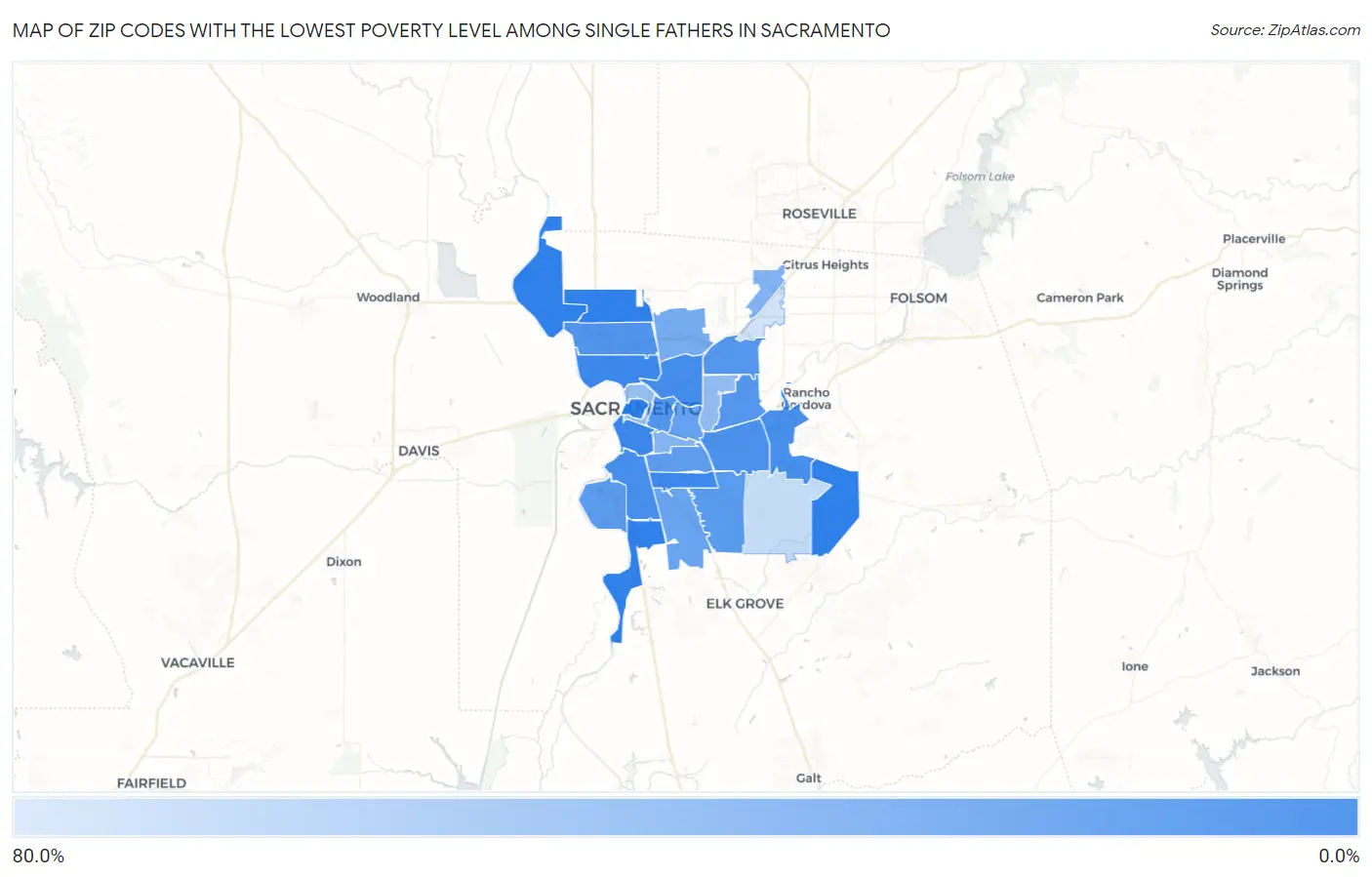 Zip Codes with the Lowest Poverty Level Among Single Fathers in Sacramento Map