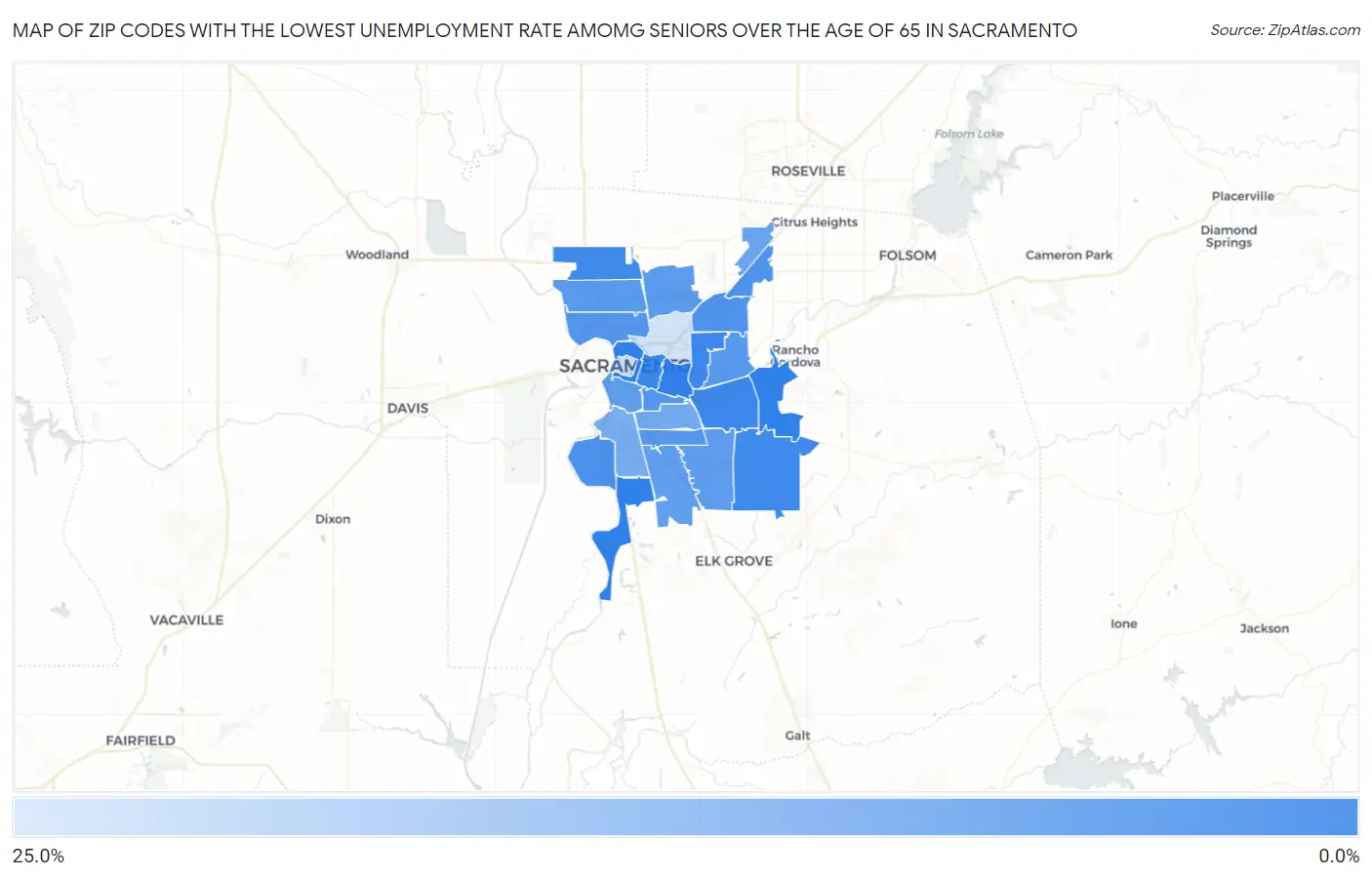 Zip Codes with the Lowest Unemployment Rate Amomg Seniors Over the Age of 65 in Sacramento Map