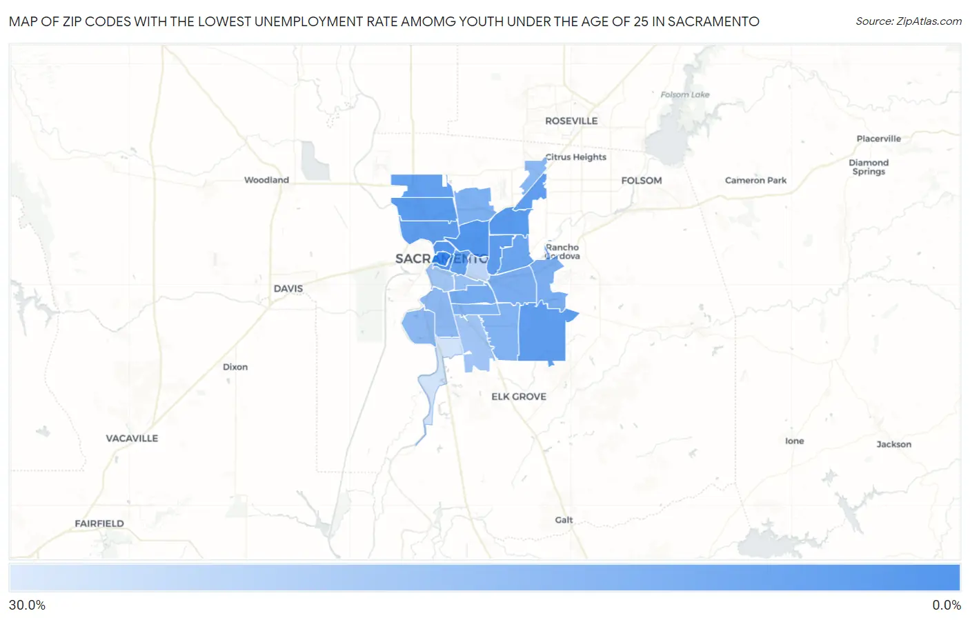 Zip Codes with the Lowest Unemployment Rate Amomg Youth Under the Age of 25 in Sacramento Map