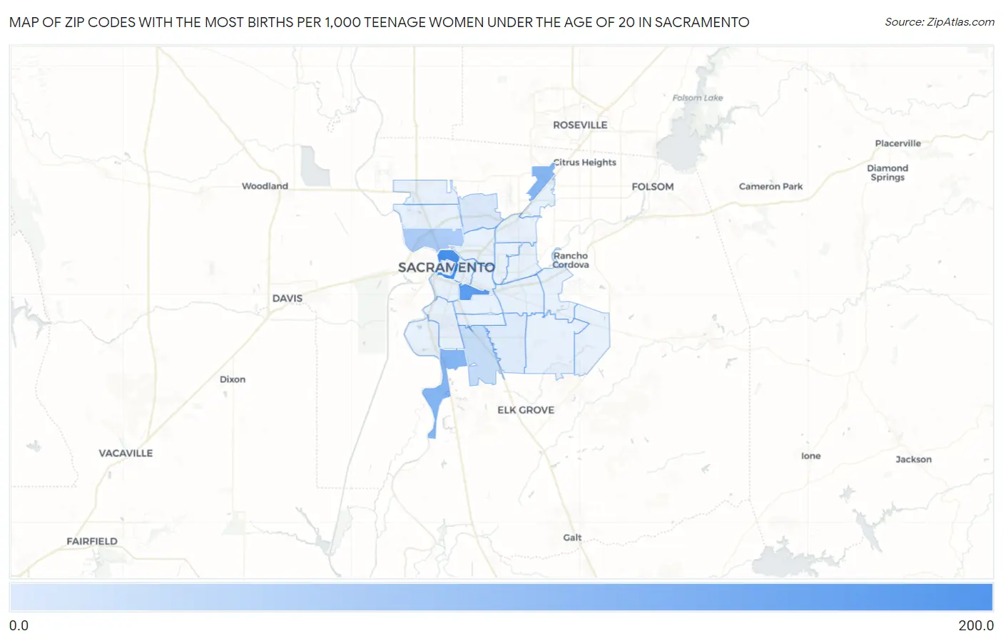 Zip Codes with the Most Births per 1,000 Teenage Women Under the Age of 20 in Sacramento Map