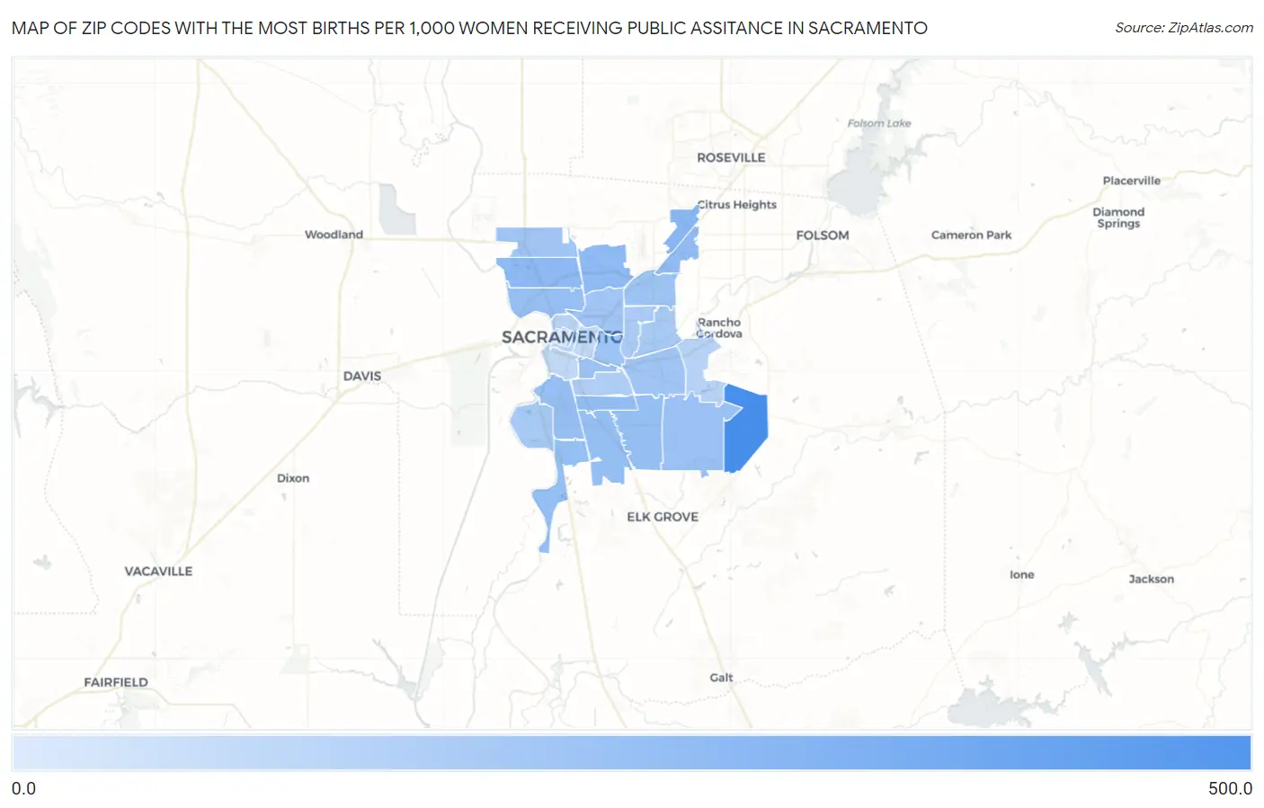 Zip Codes with the Most Births per 1,000 Women Receiving Public Assitance in Sacramento Map