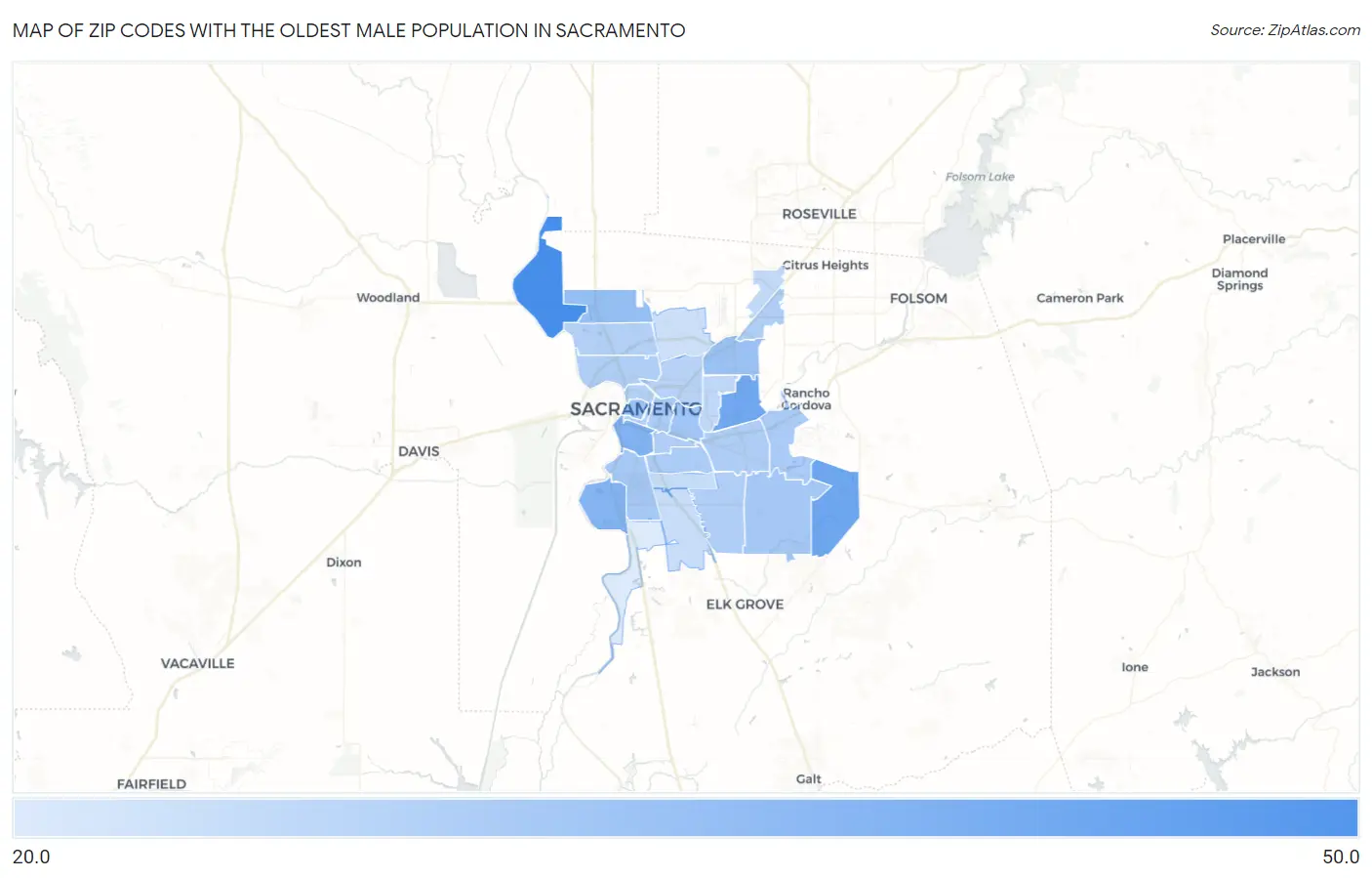Zip Codes with the Oldest Male Population in Sacramento Map