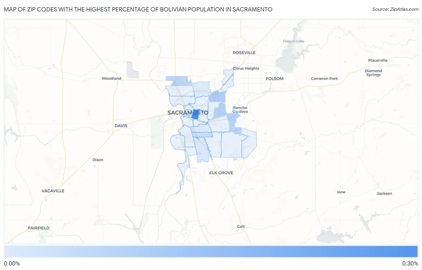 Zip Codes with the Highest Percentage of Bolivian Population in Sacramento Map