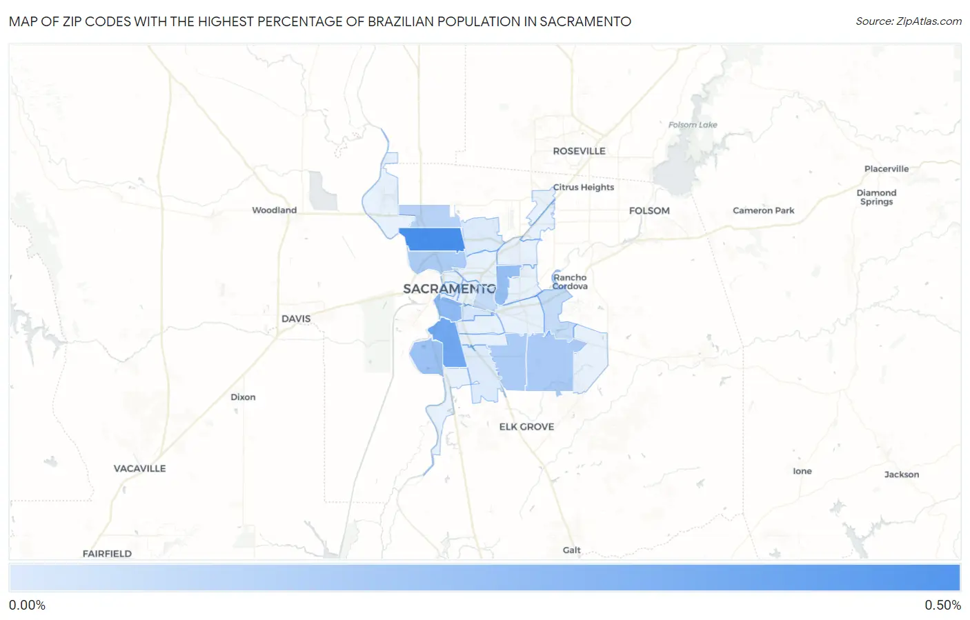 Zip Codes with the Highest Percentage of Brazilian Population in Sacramento Map