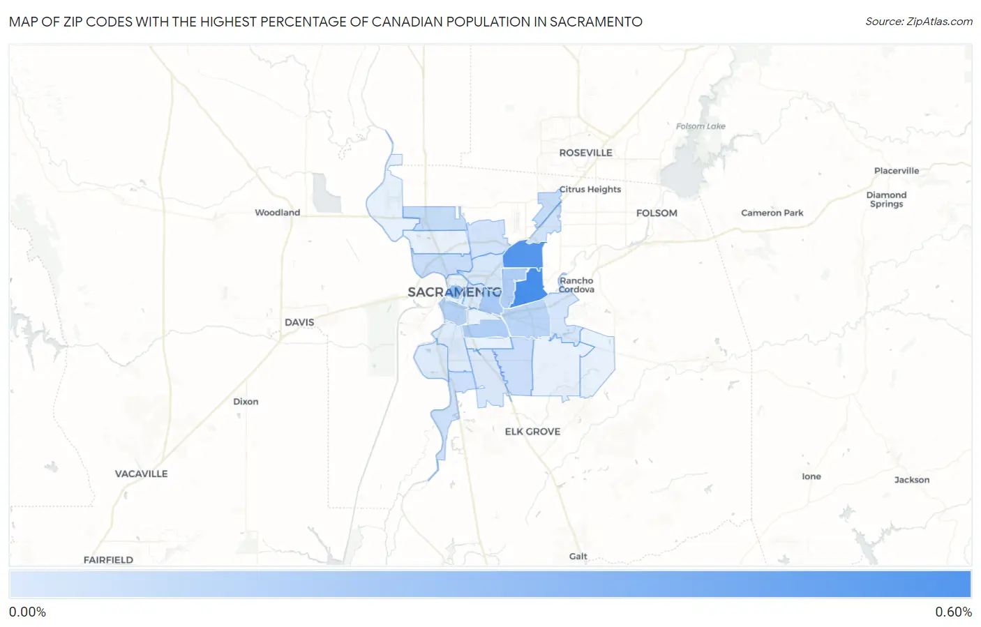 Zip Codes with the Highest Percentage of Canadian Population in Sacramento Map