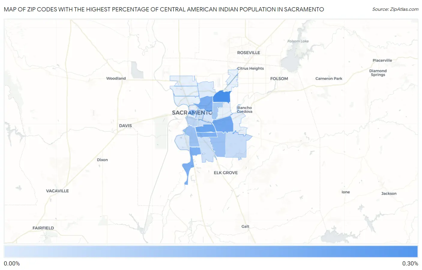Zip Codes with the Highest Percentage of Central American Indian Population in Sacramento Map