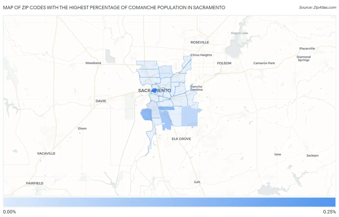 Zip Codes with the Highest Percentage of Comanche Population in Sacramento Map