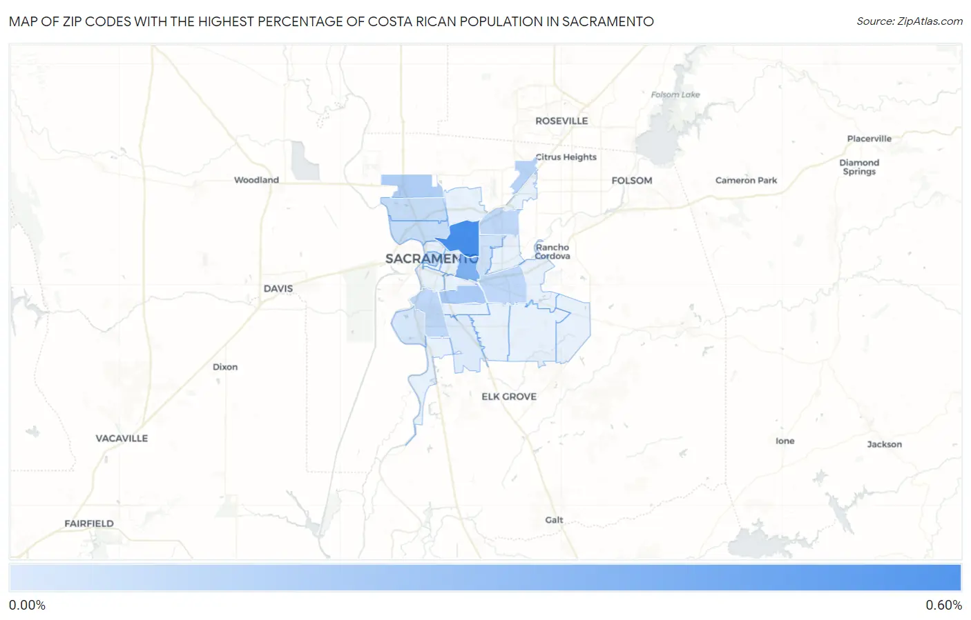 Zip Codes with the Highest Percentage of Costa Rican Population in Sacramento Map