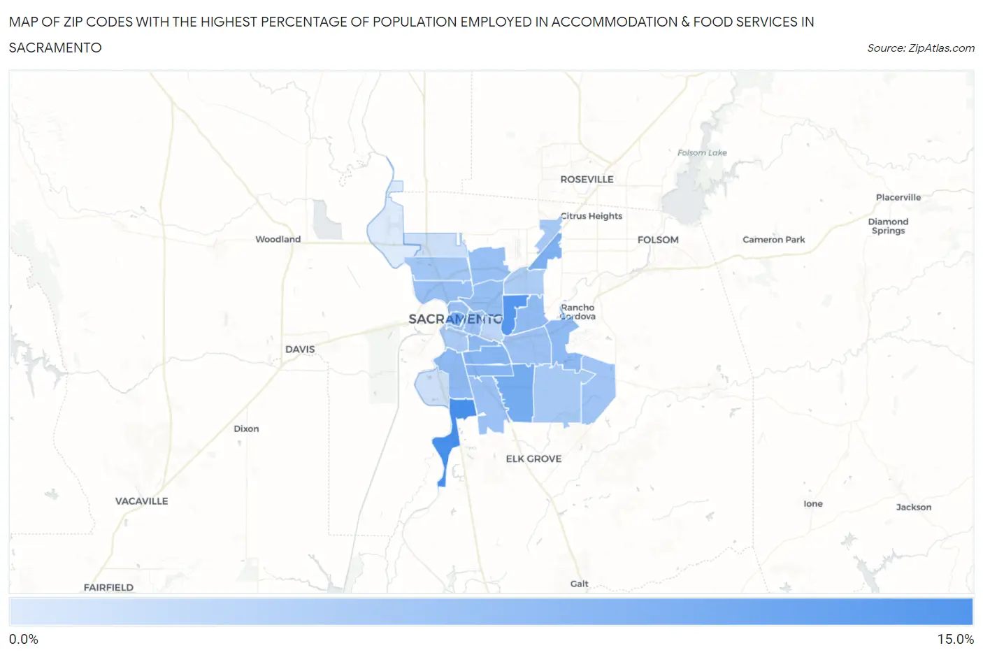 Zip Codes with the Highest Percentage of Population Employed in Accommodation & Food Services in Sacramento Map