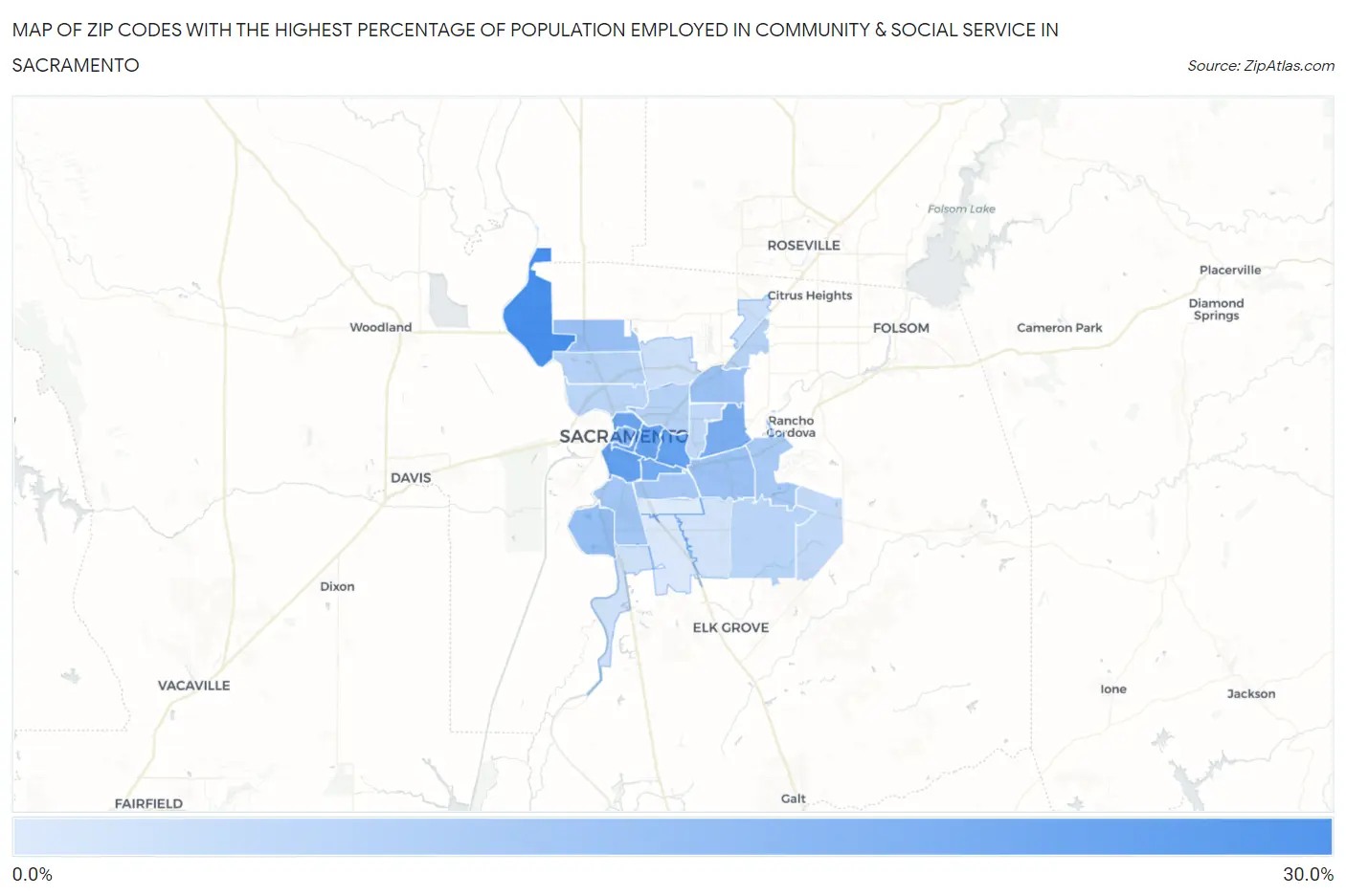 Zip Codes with the Highest Percentage of Population Employed in Community & Social Service  in Sacramento Map