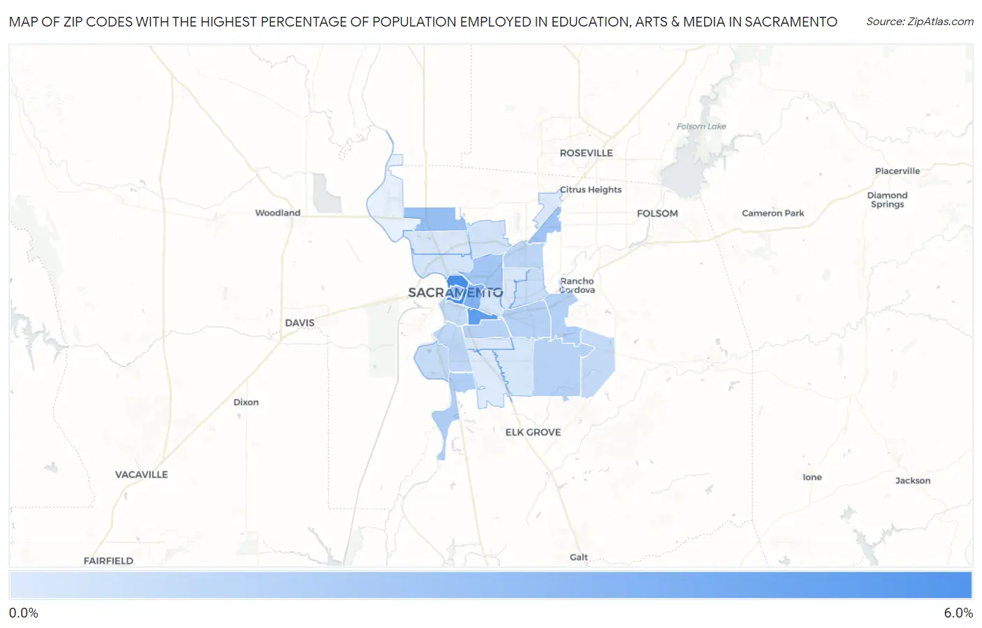 Zip Codes with the Highest Percentage of Population Employed in Education, Arts & Media in Sacramento Map