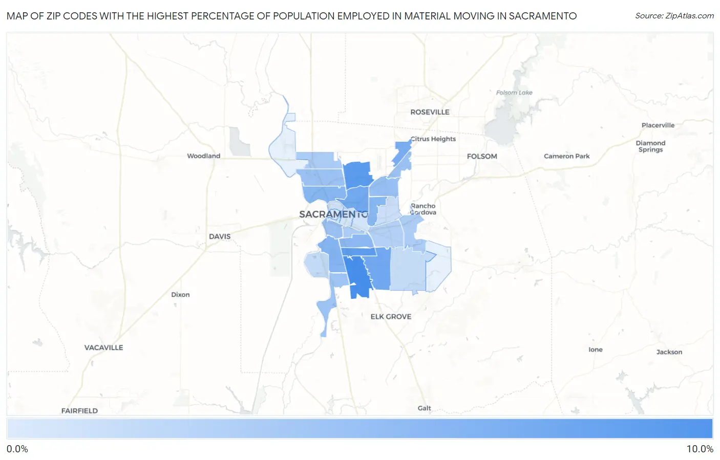 Zip Codes with the Highest Percentage of Population Employed in Material Moving in Sacramento Map