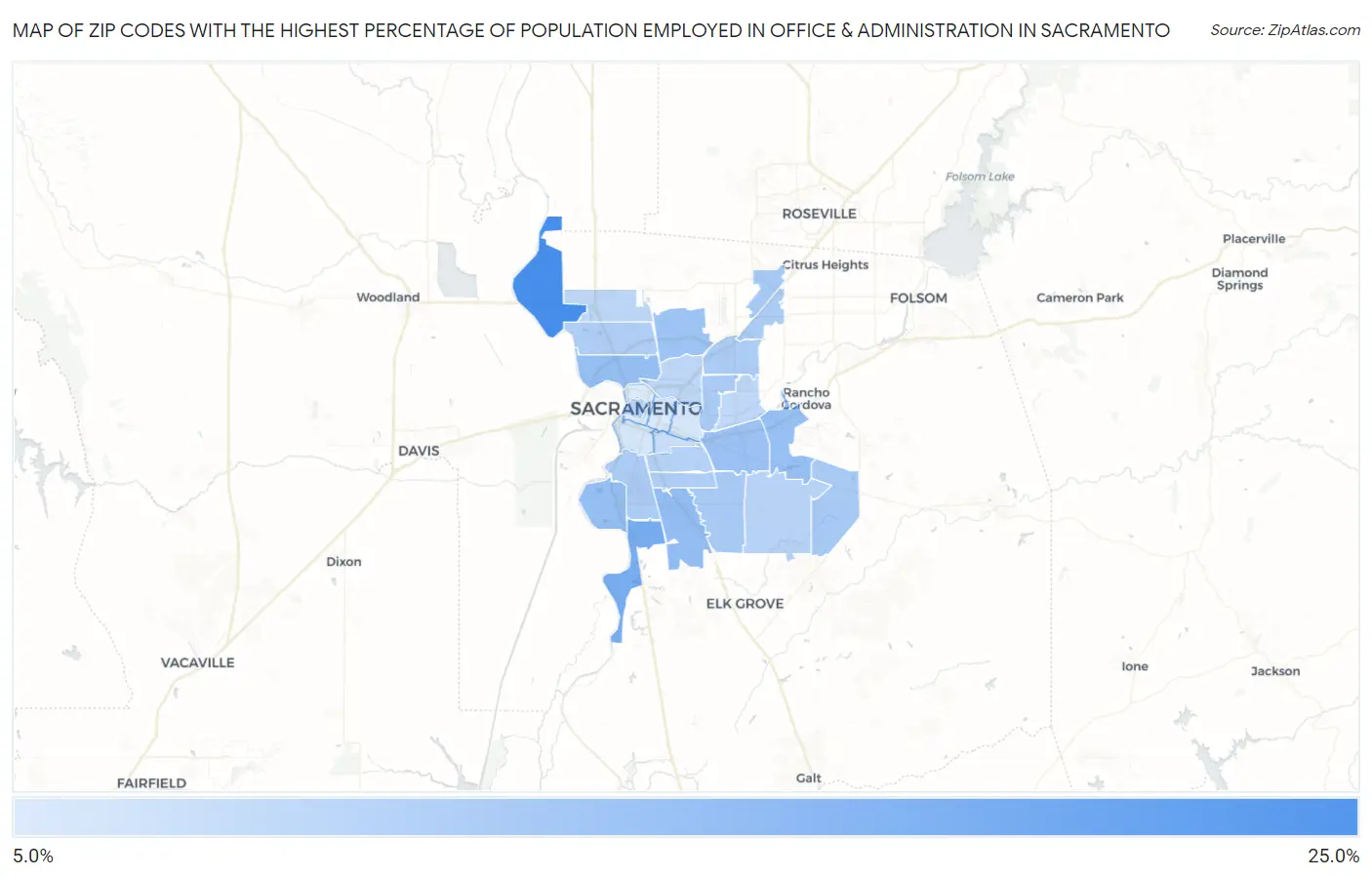 Zip Codes with the Highest Percentage of Population Employed in Office & Administration in Sacramento Map
