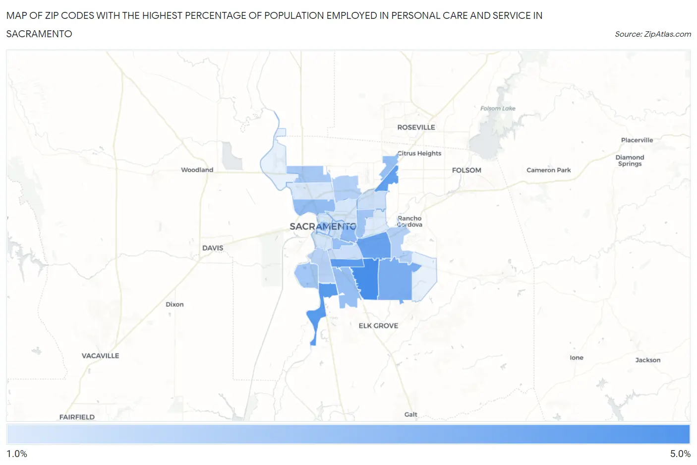 Zip Codes with the Highest Percentage of Population Employed in Personal Care and Service in Sacramento Map
