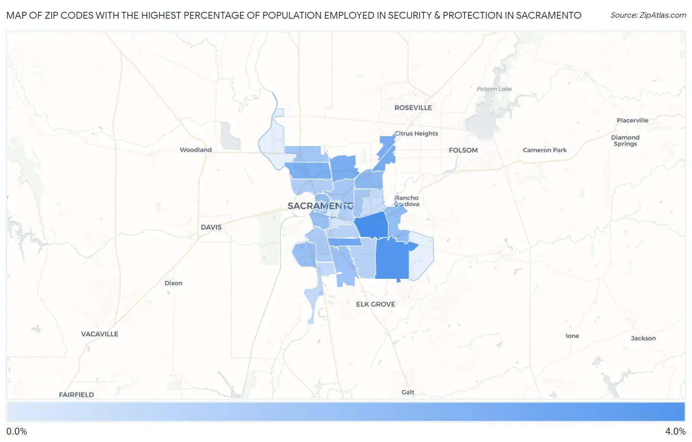 Zip Codes with the Highest Percentage of Population Employed in Security & Protection in Sacramento Map