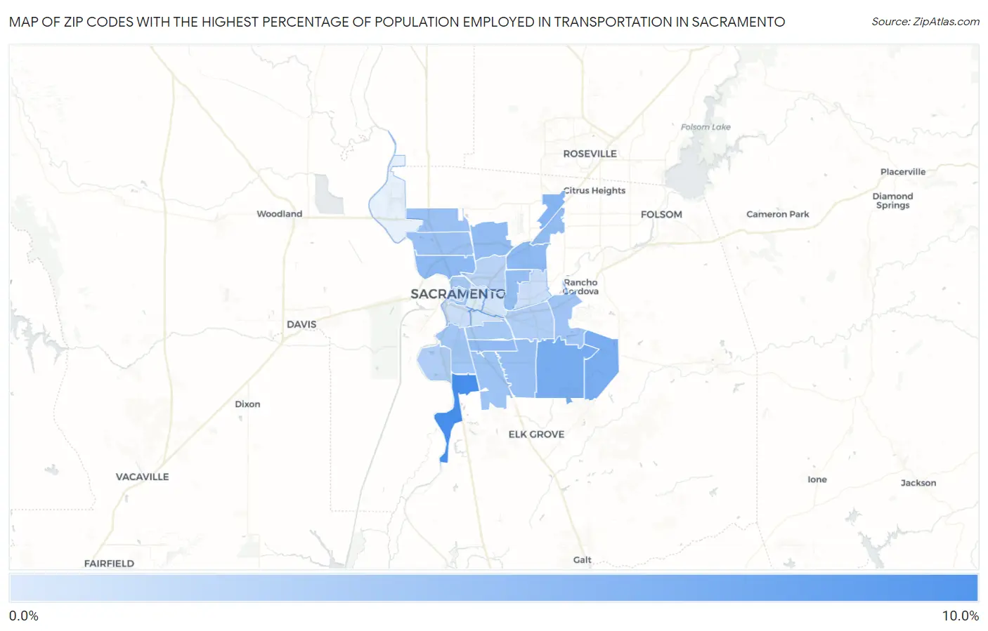 Zip Codes with the Highest Percentage of Population Employed in Transportation in Sacramento Map