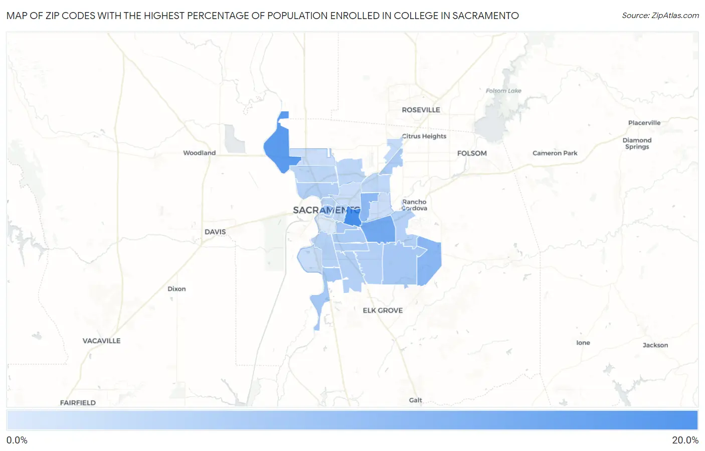 Zip Codes with the Highest Percentage of Population Enrolled in College in Sacramento Map
