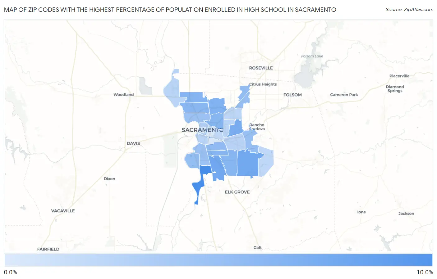 Zip Codes with the Highest Percentage of Population Enrolled in High School in Sacramento Map