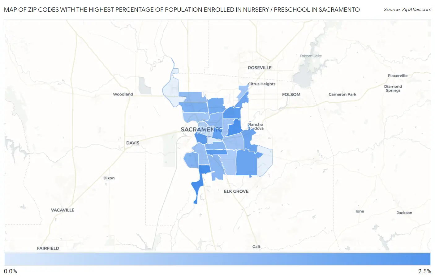 Zip Codes with the Highest Percentage of Population Enrolled in Nursery / Preschool in Sacramento Map