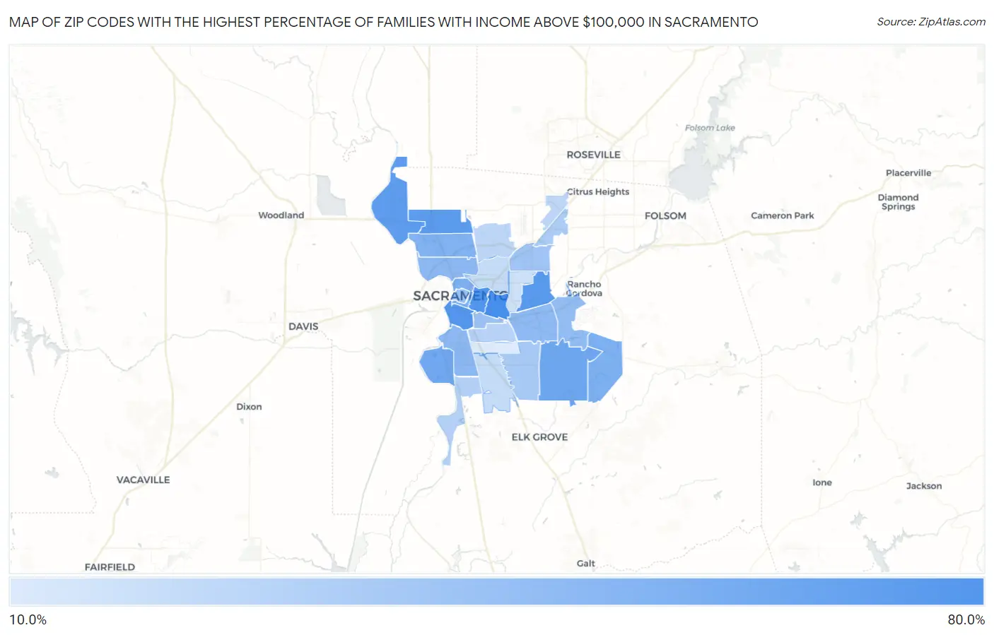 Zip Codes with the Highest Percentage of Families with Income Above $100,000 in Sacramento Map