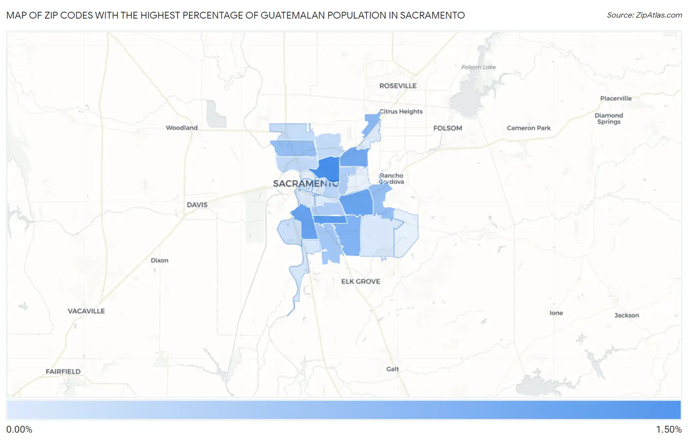 Zip Codes with the Highest Percentage of Guatemalan Population in Sacramento Map